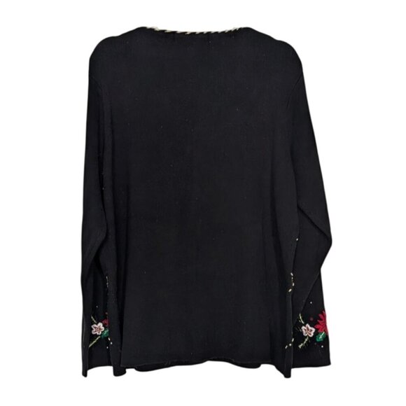 Vintage Poinsettia Beaded Cardigan Womens Size Large Black Embroidered V Neck - Picture 7 of 10